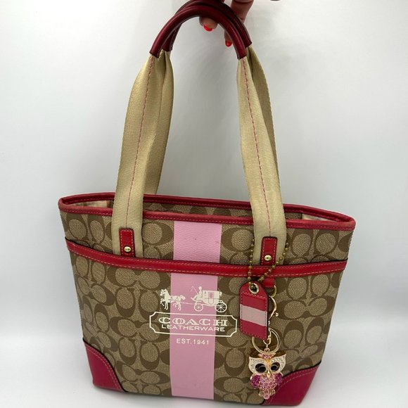 Coach Handbags - COACH Vintage Heritage Pink Stripe Sig Canvas Tote/Shoulder Bag + Bonus Charm